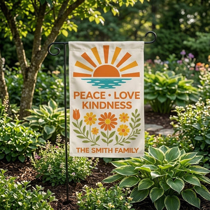 Personalized Garden Flag, Peace Love Kindness Decor, Retro Floral Family Banner, Custom Yard Flag, Boho Outdoor Porch Decor, New Home Gift