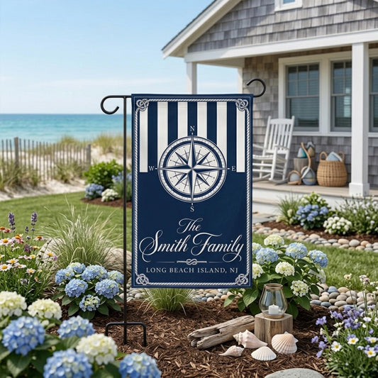 Personalized Coastal Garden Flag, Nautical Family Name Sign, Beach House Yard Decor, Compass Rose Porch Flag, Housewarming Gift, Home Decor