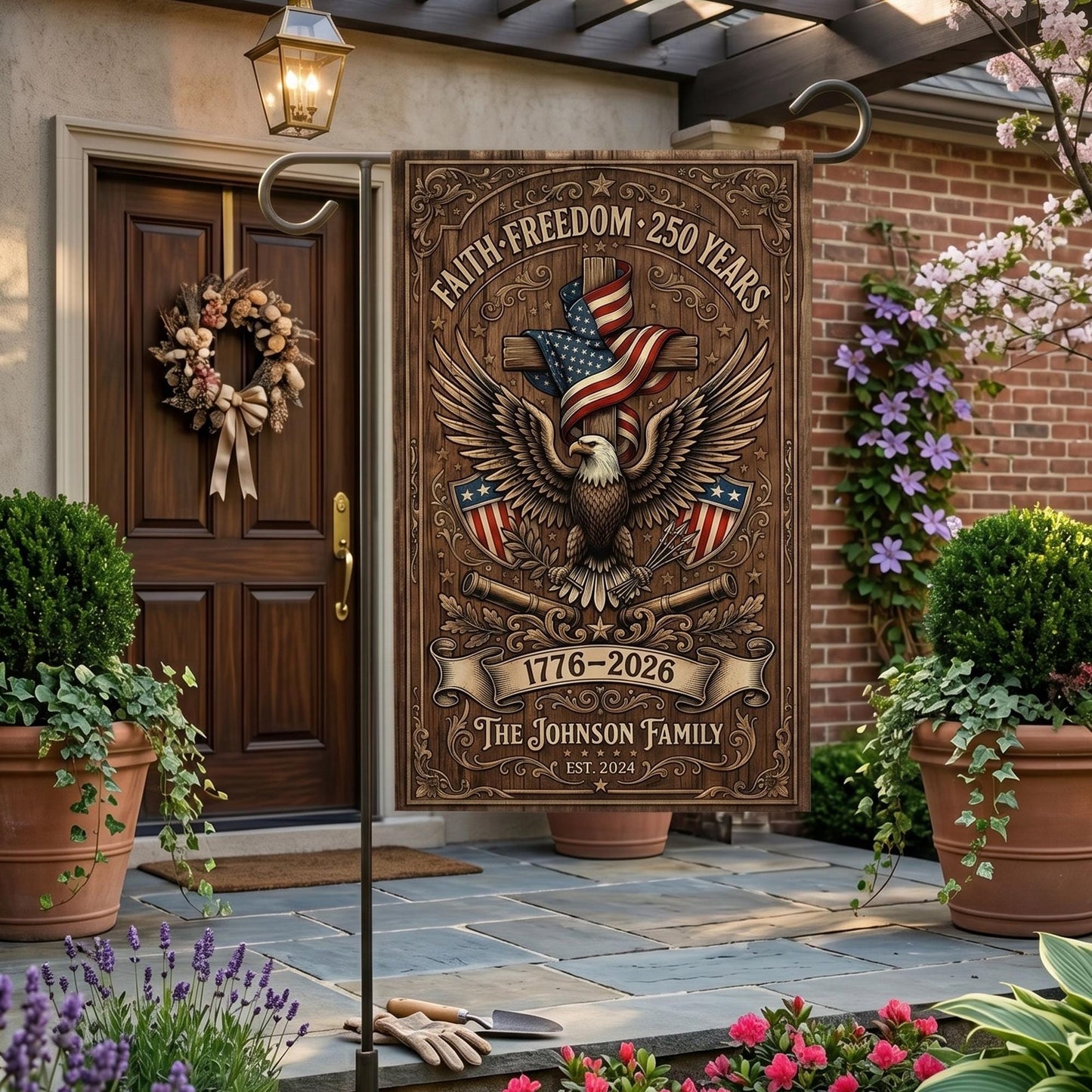 Personalized Garden Flag, Patriotic Christian Decor, Faith Freedom 250 Years, Family Name, Eagle Cross American Flag, 1776 2026 Yard Sign
