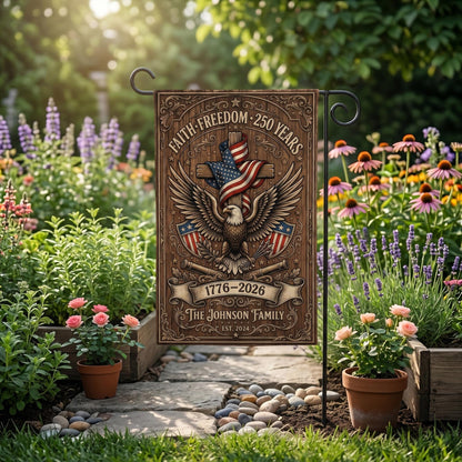 Personalized Garden Flag, Patriotic Christian Decor, Faith Freedom 250 Years, Family Name, Eagle Cross American Flag, 1776 2026 Yard Sign