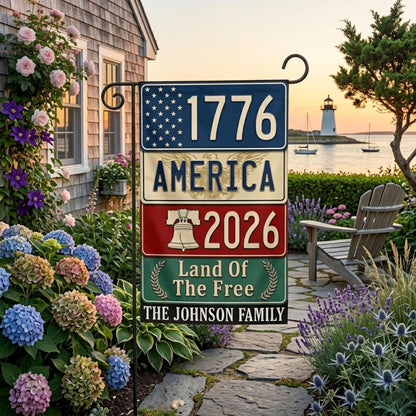Patriotic Garden Flag, Custom Family Name Yard Decor, 1776 America 2026 Semiquincentennial Banner, Land of the Free Porch Accent, GIFT 2026