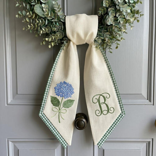 Personalized Blue Hydrangea Embroidered Wreath Sash, Custom Monogram Door Bow, Coastal Spring Decor, Monogramed Wedding Sash