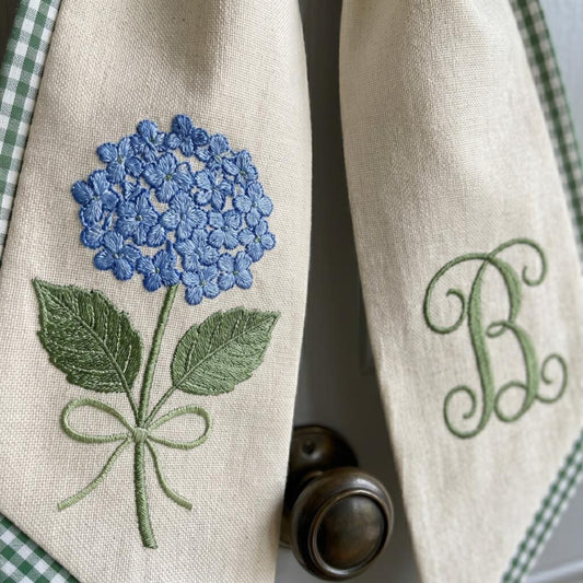 Personalized Blue Hydrangea Embroidered Wreath Sash, Custom Monogram Door Bow, Coastal Spring Decor, Monogramed Wedding Sash