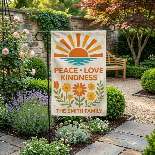 Personalized Garden Flag, Peace Love Kindness Decor, Retro Floral Family Banner, Custom Yard Flag, Boho Outdoor Porch Decor, New Home Gift