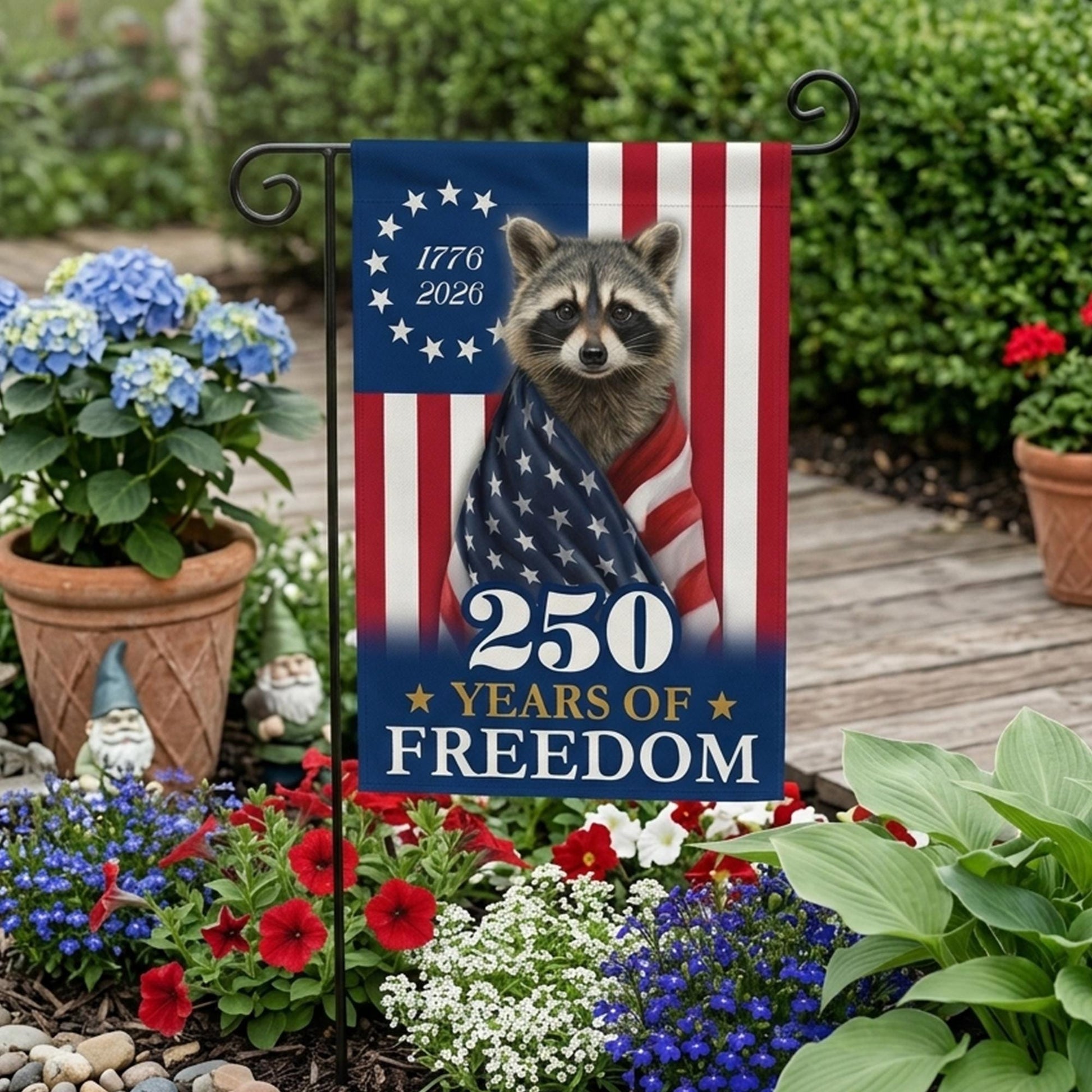 Patriotic Garden Flag, 250 Years of Freedom, Raccoon Yard Decor, 1776 2026 America Flag, Fourth of July Outdoor Sign, Yard Summer Decor Gift