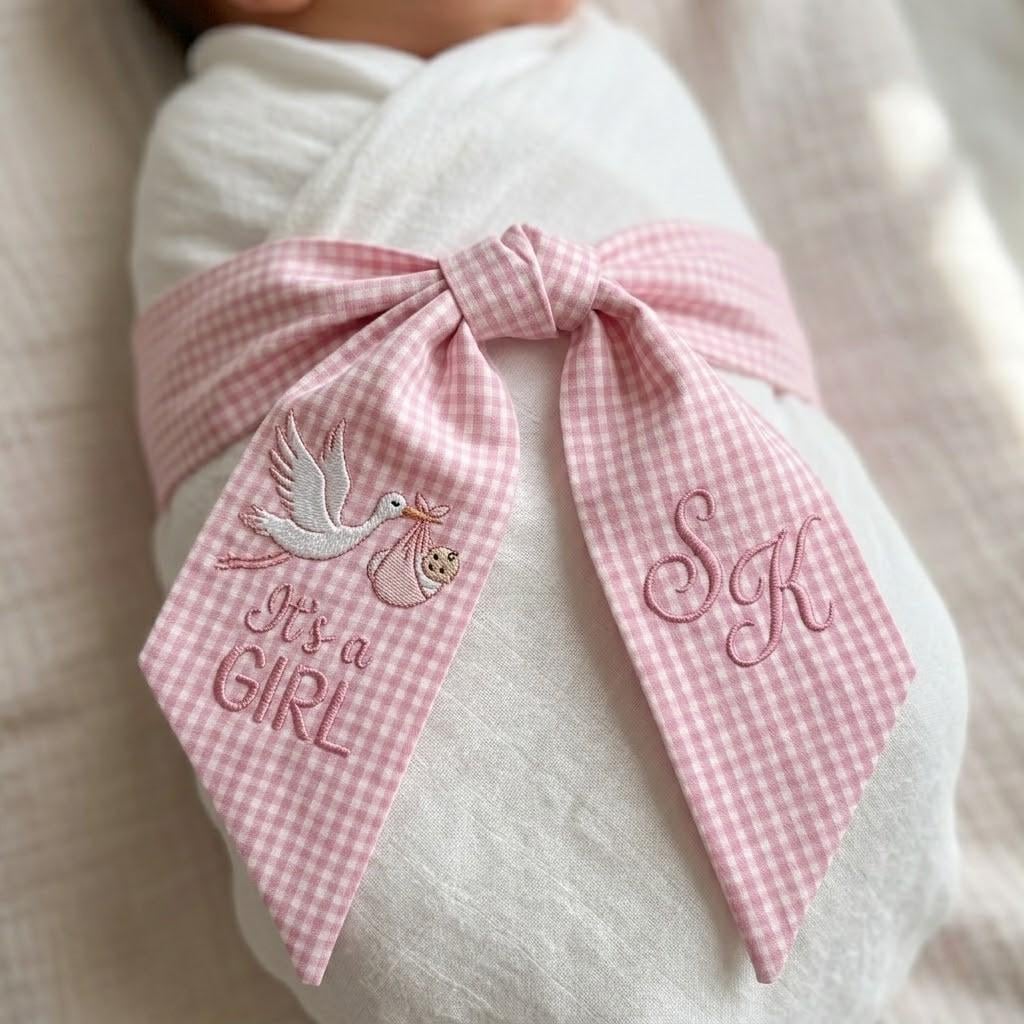 Personalized Newborn Gingham Sash, Embroidered Stork Baby Name Ribbon, Hospital Swaddle Bow