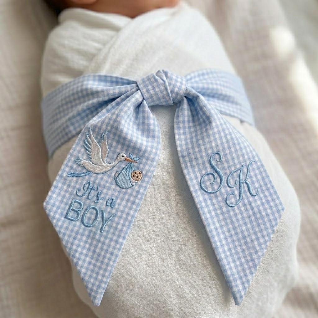 Personalized Newborn Gingham Sash, Embroidered Stork Baby Name Ribbon, Hospital Swaddle Bow