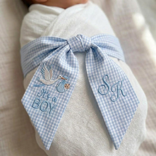 Personalized Newborn Gingham Sash, Embroidered Stork Baby Name Ribbon, Hospital Swaddle Bow