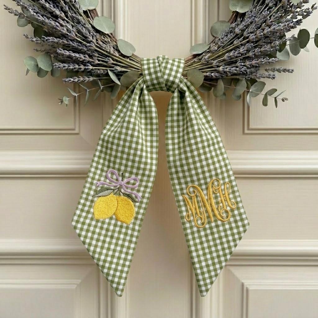 Personalized Lemon Wreath Sash, Embroidered Monogram Gingham Ribbon Front Door Decor, Summer Fruit Gift