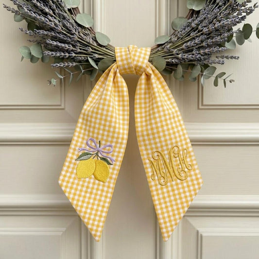 Personalized Lemon Wreath Sash, Embroidered Monogram Gingham Ribbon Front Door Decor, Summer Fruit Gift