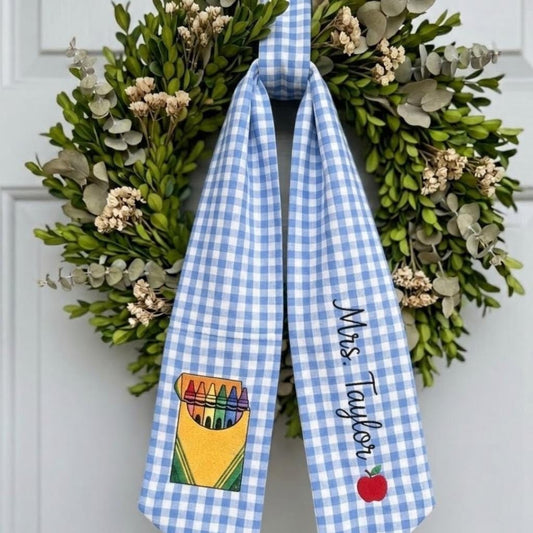Custom Name Teacher Wreath Sash, Embroidered Crayon Box and Apple Door Bow, Back to School Classroom Decor, Personalized Gingham Ribbon