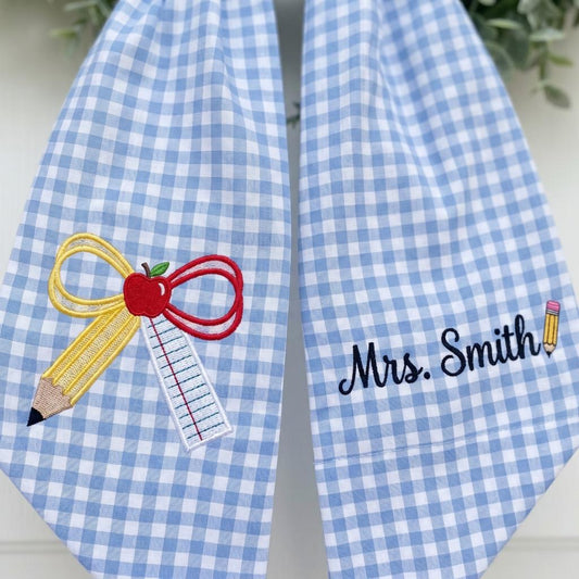 Custom Teacher Gift Embroidered Wreath Sash, Personalized School Ribbon Bow, Back to School Classroom Decor, Gingham Teacher Sash