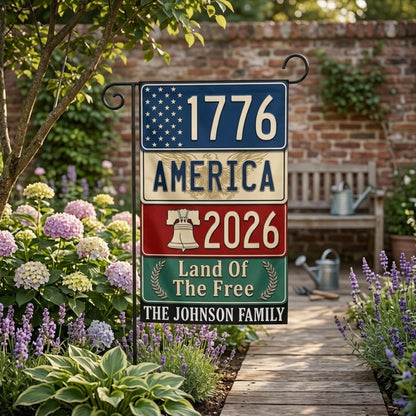 Patriotic Garden Flag, Custom Family Name Yard Decor, 1776 America 2026 Semiquincentennial Banner, Land of the Free Porch Accent, GIFT 2026
