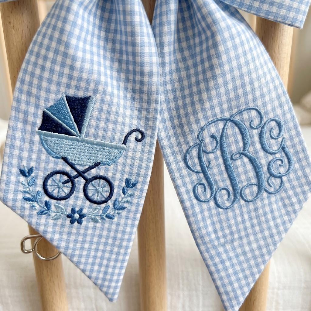 Personalized Embroidered Newborn Bow Sash, Custom Monogrammed Gingham Hospital Bow, Baby Swaddle Bow for Photos, Birth Announcement Gift