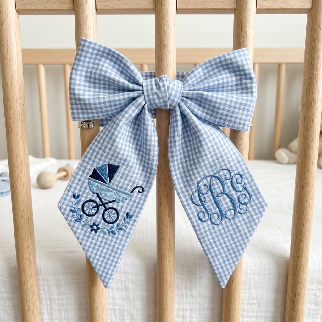Personalized Embroidered Newborn Bow Sash, Custom Monogrammed Gingham Hospital Bow, Baby Swaddle Bow for Photos, Birth Announcement Gift