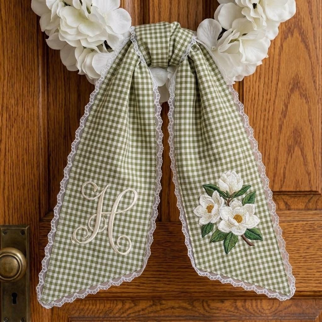 Personalized Monogram Wreath Sash, Embroidered Sage Gingham Check Bow, Custom Initial Decor, Magnolia Flower Embroidery, Housewarming Gift