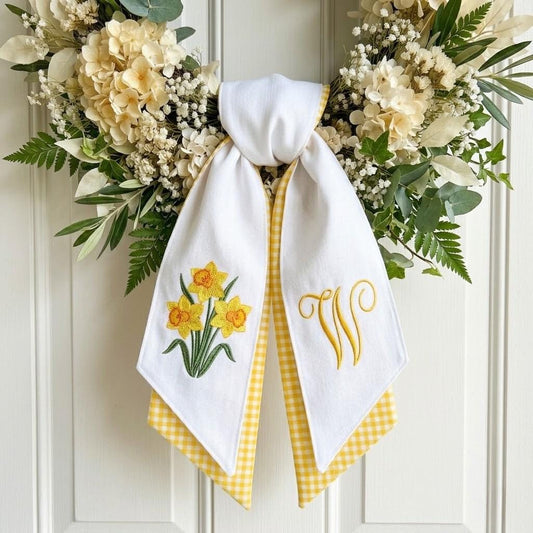 Custom Embroidered Daffodil Wreath Sash, Monogrammed Door Sash, Spring Gingham Front Door Bow, Personalized Flower Wreath Decor