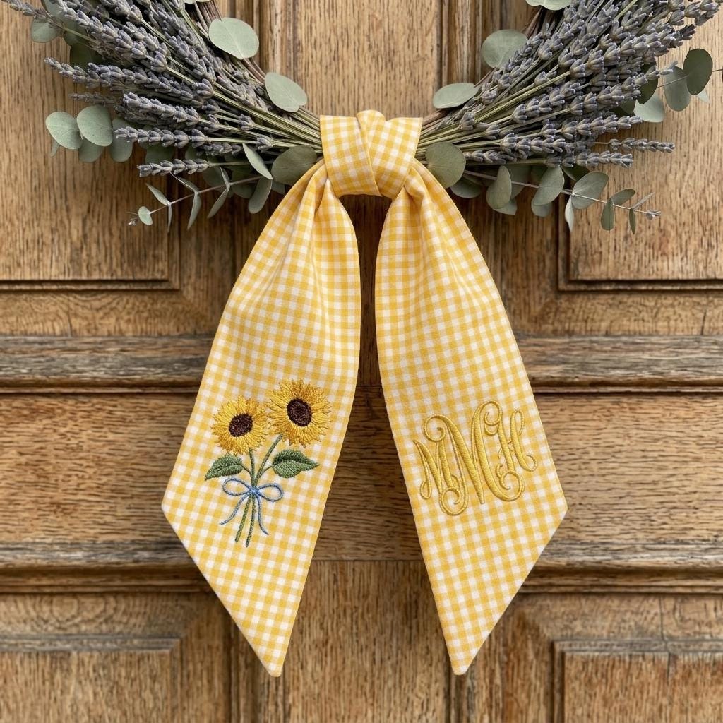 Personalized Sunflower Wreath Sash, Embroidered Monogram Ribbon Summer Front Door Decor