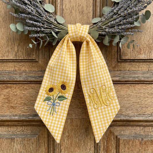 Personalized Sunflower Wreath Sash, Embroidered Monogram Ribbon Summer Front Door Decor
