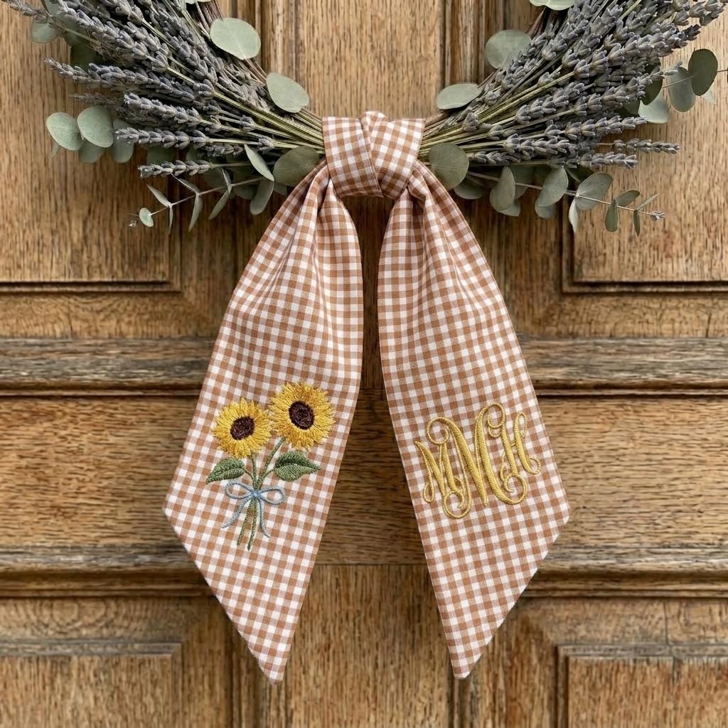 Personalized Sunflower Wreath Sash, Embroidered Monogram Ribbon Summer Front Door Decor