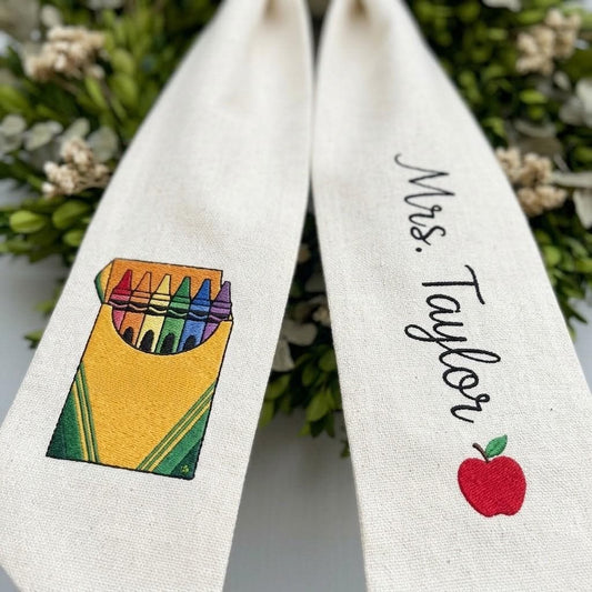 Custom Name Teacher Wreath Sash, Embroidered Crayon Box and Apple Door Bow, Back to School Classroom Decor, Personalized Gingham Ribbon