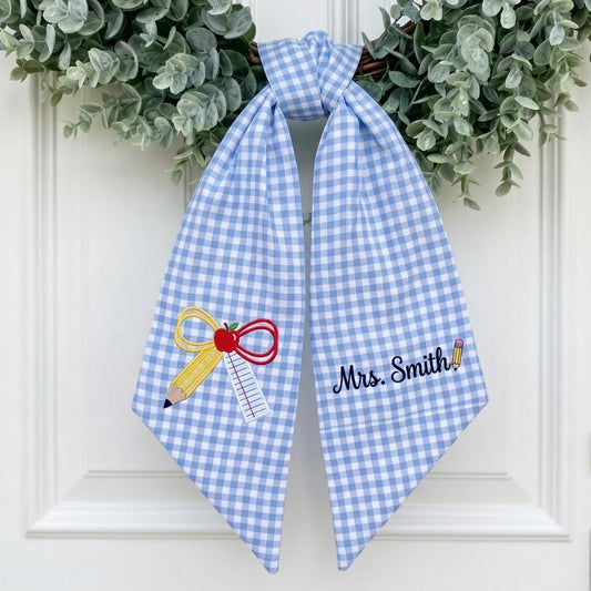 Custom Teacher Gift Embroidered Wreath Sash, Personalized School Ribbon Bow, Back to School Classroom Decor, Gingham Teacher Sash