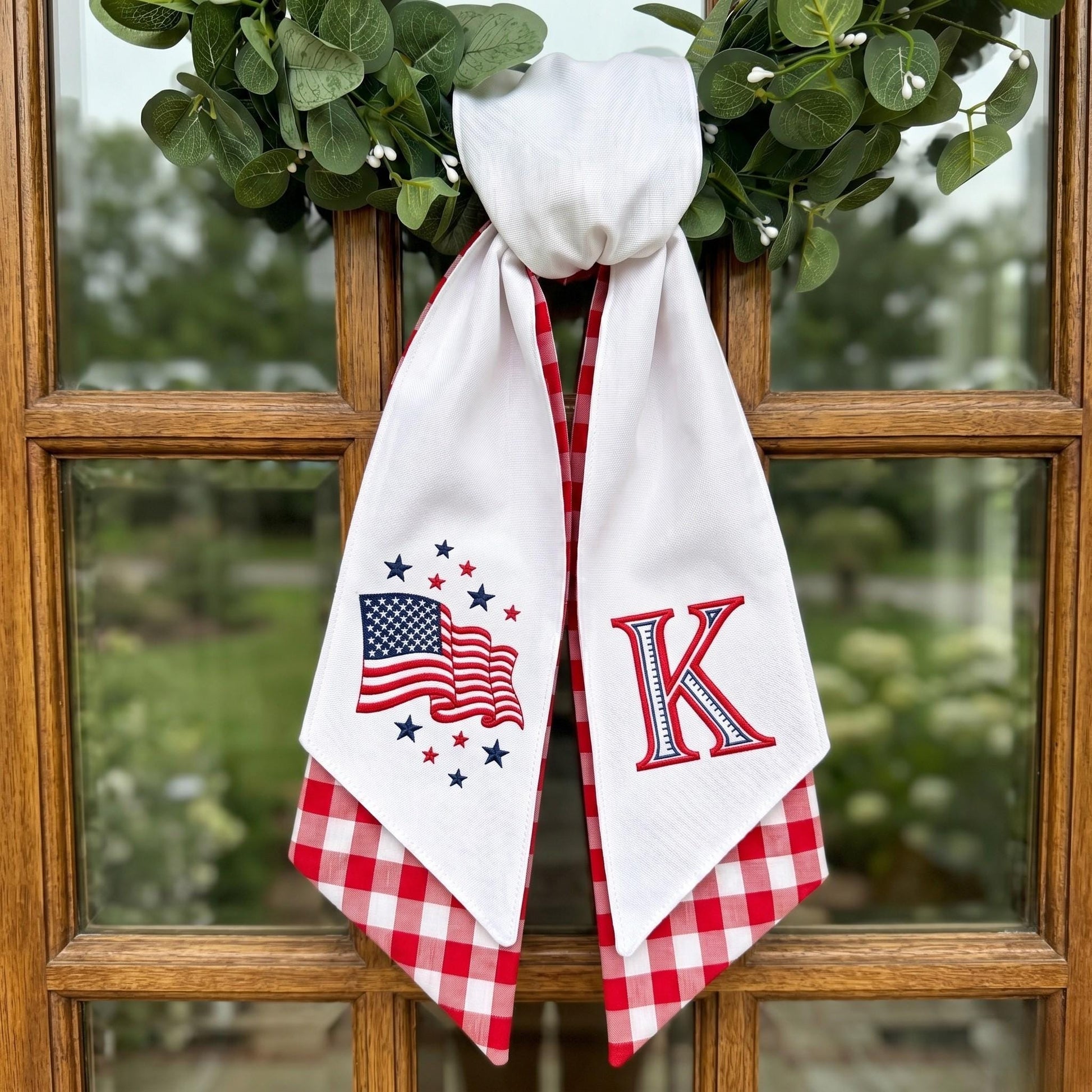 4th of July Gingham Wreath Sash, Embroidered US Flag Door Bow, Patriotic Front Door Decor, Housewarming Gift