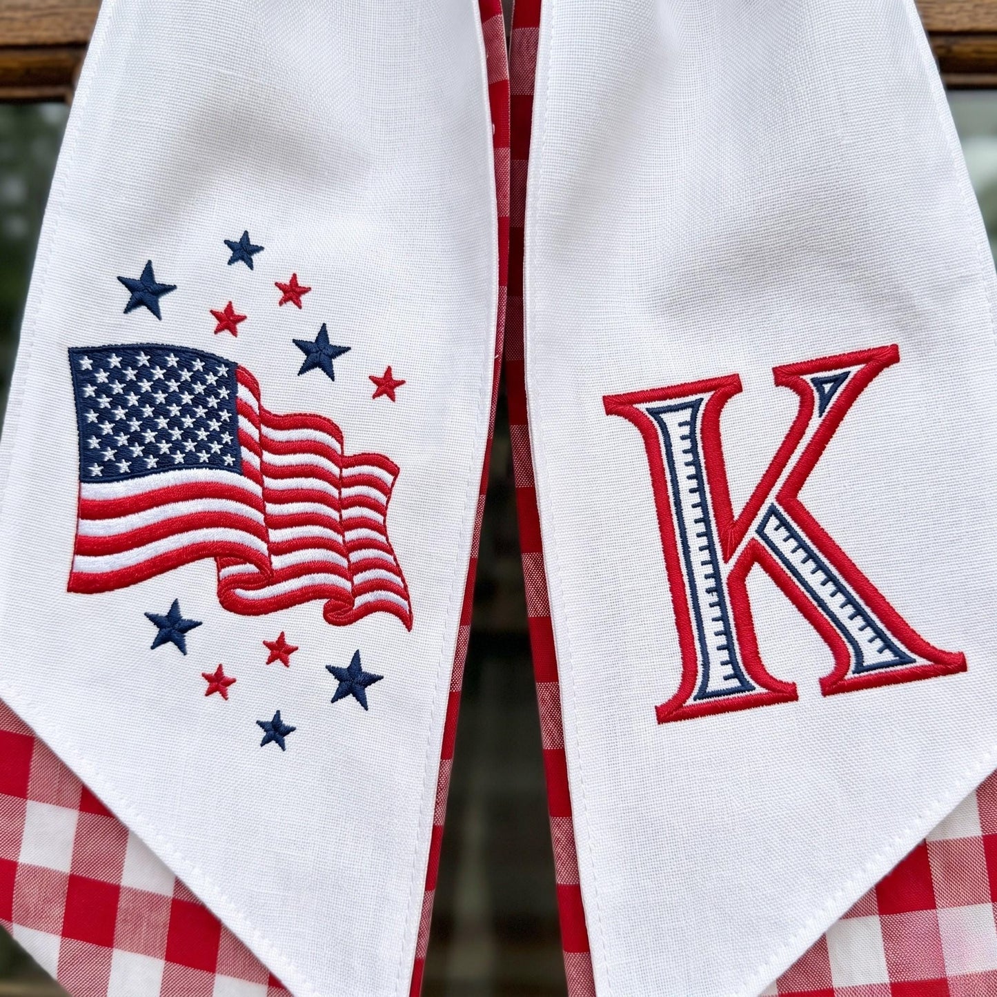 4th of July Gingham Wreath Sash, Embroidered US Flag Door Bow, Patriotic Front Door Decor, Housewarming Gift