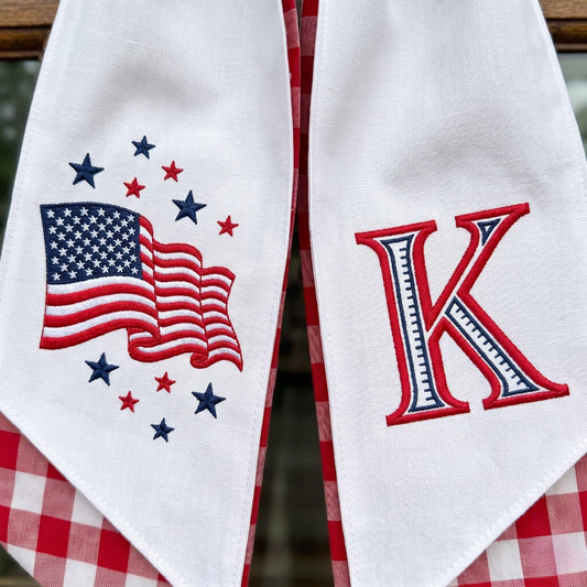 4th of July Gingham Wreath Sash, Embroidered US Flag Door Bow, Patriotic Front Door Decor, Housewarming Gift