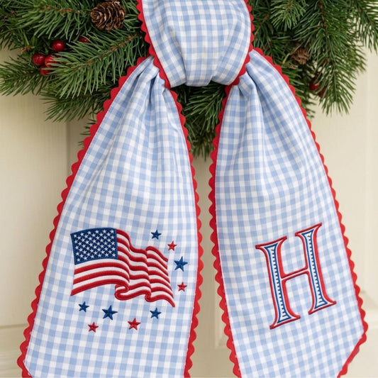 4th of July Red Gingham Wreath Sash, Embroidered Monogram, American Flag Door Decor, Patriotic Front Door Bow