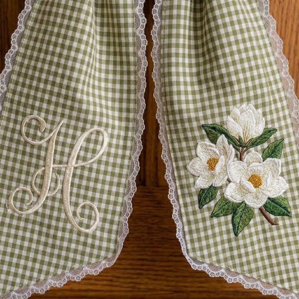 Personalized Monogram Wreath Sash, Embroidered Sage Gingham Check Bow, Custom Initial Decor, Magnolia Flower Embroidery, Housewarming Gift