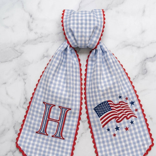 4th of July Red Gingham Wreath Sash, Embroidered Monogram, American Flag Door Decor, Patriotic Front Door Bow