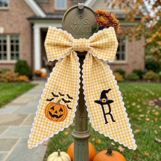 Custom Embroidered Pumpkin Mailbox Bow, Personalized Halloween Wreath Sash, Holiday Font Door Decoration
