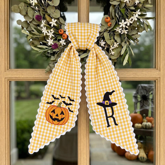 Custom Embroidered Pumpkin Mailbox Bow, Personalized Halloween Wreath Sash, Holiday Font Door Decoration