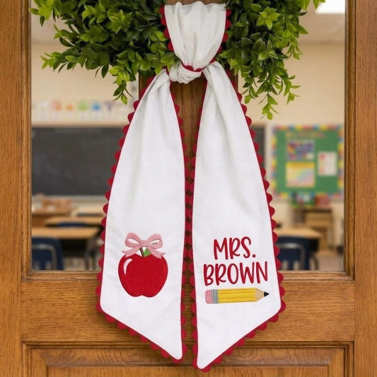 Personalized Teacher Wreath Sash, Embroidered Apple Pencil Classroom Door Decor with Ric Rac Trim, Back to School Teacher Gift