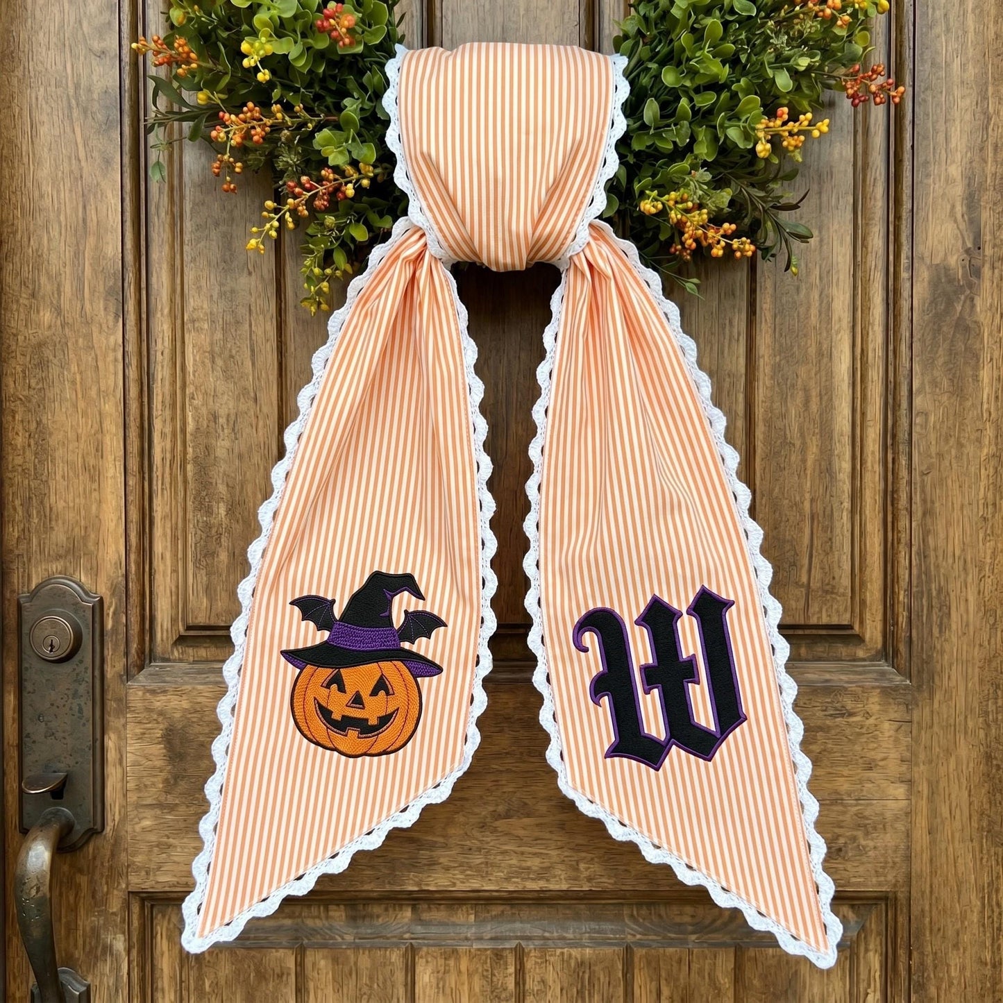 Personalized Halloween Wreath Sash with Monogram Initial, Embroidered Pumpkin Door Decor, Gothic Home Decor