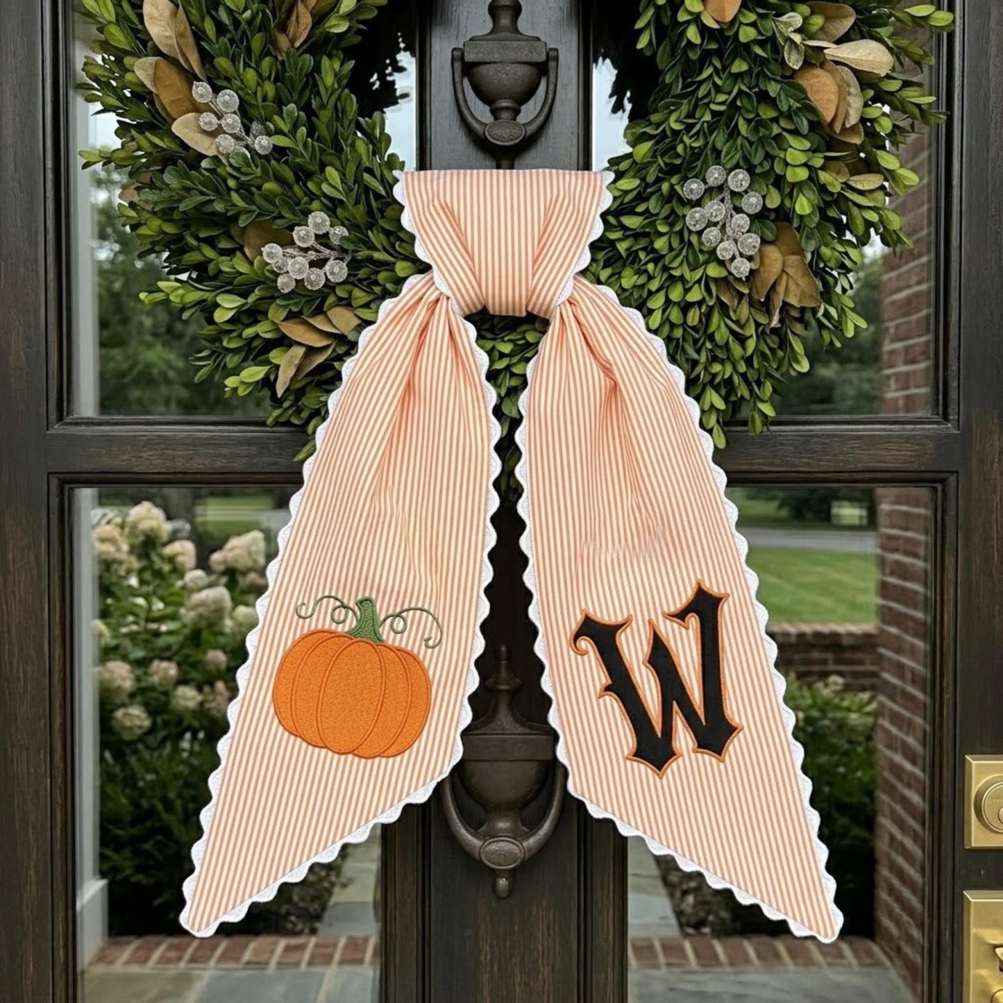 Personalized Fall Wreath Sash, Custom Embroidered Monogram Pumpkin Seersucker Door Ribbon, Autumn Porch Decor