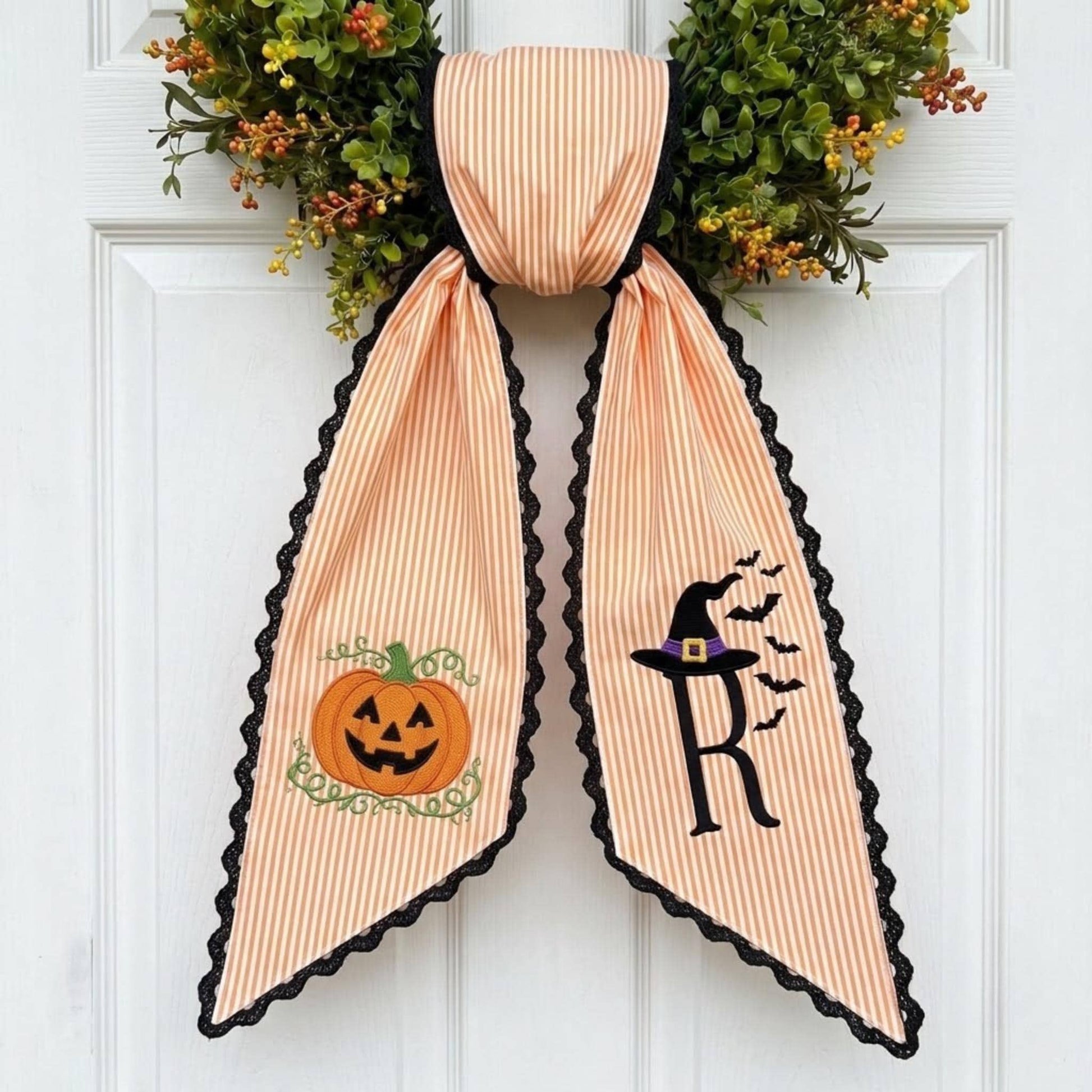Personalized Halloween Wreath Sash, Embroidered Pumpkin Door Decor, Orange Striped Monogram Bow