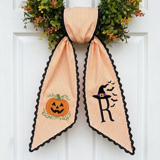 Personalized Halloween Wreath Sash, Embroidered Pumpkin Door Decor, Orange Striped Monogram Bow