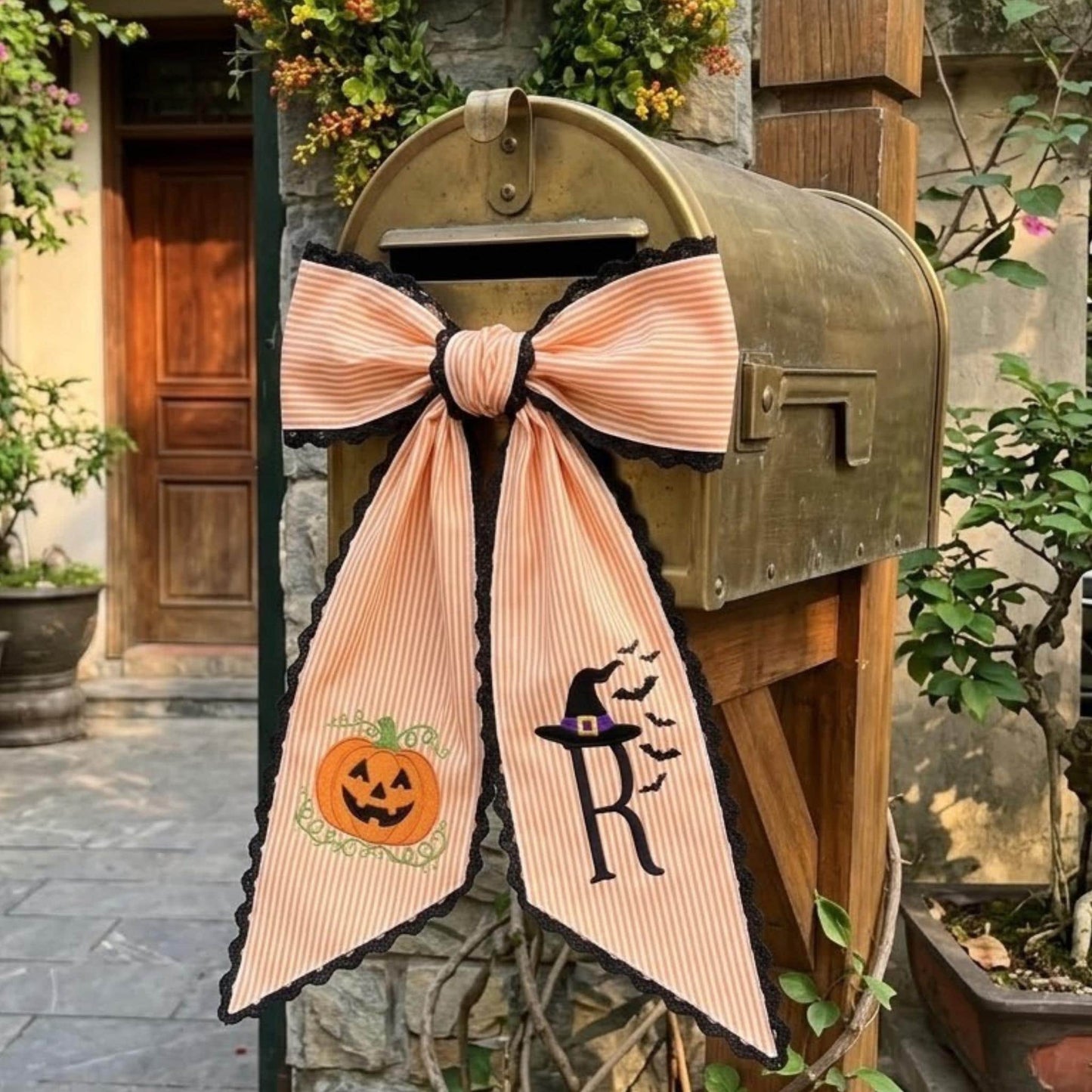 Personalized Halloween Wreath Sash, Embroidered Pumpkin Door Decor, Orange Striped Monogram Bow