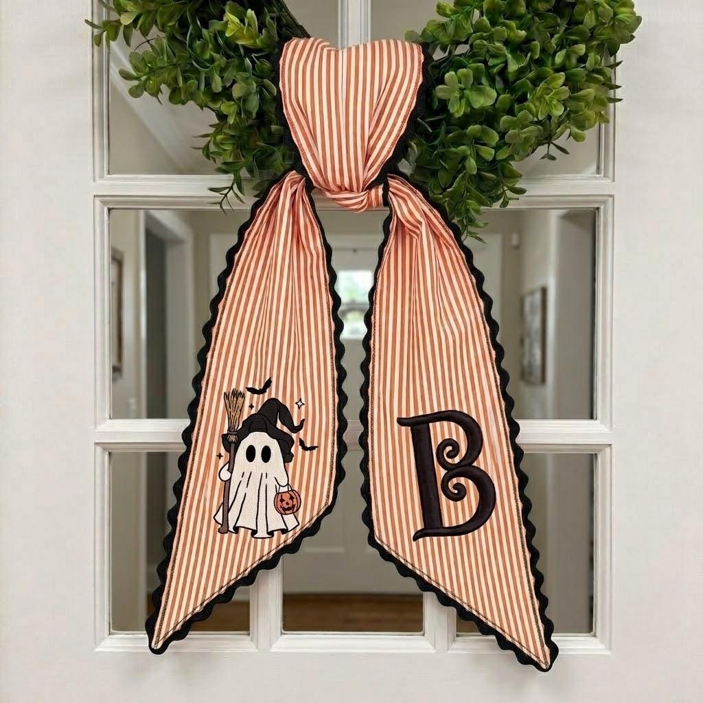 Custom Embroidered Witch Ghost Halloween Wreath Sash, Personalized Seasonal Front Door Decor