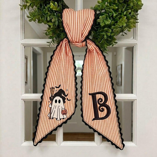 Custom Embroidered Witch Ghost Halloween Wreath Sash, Personalized Seasonal Front Door Decor