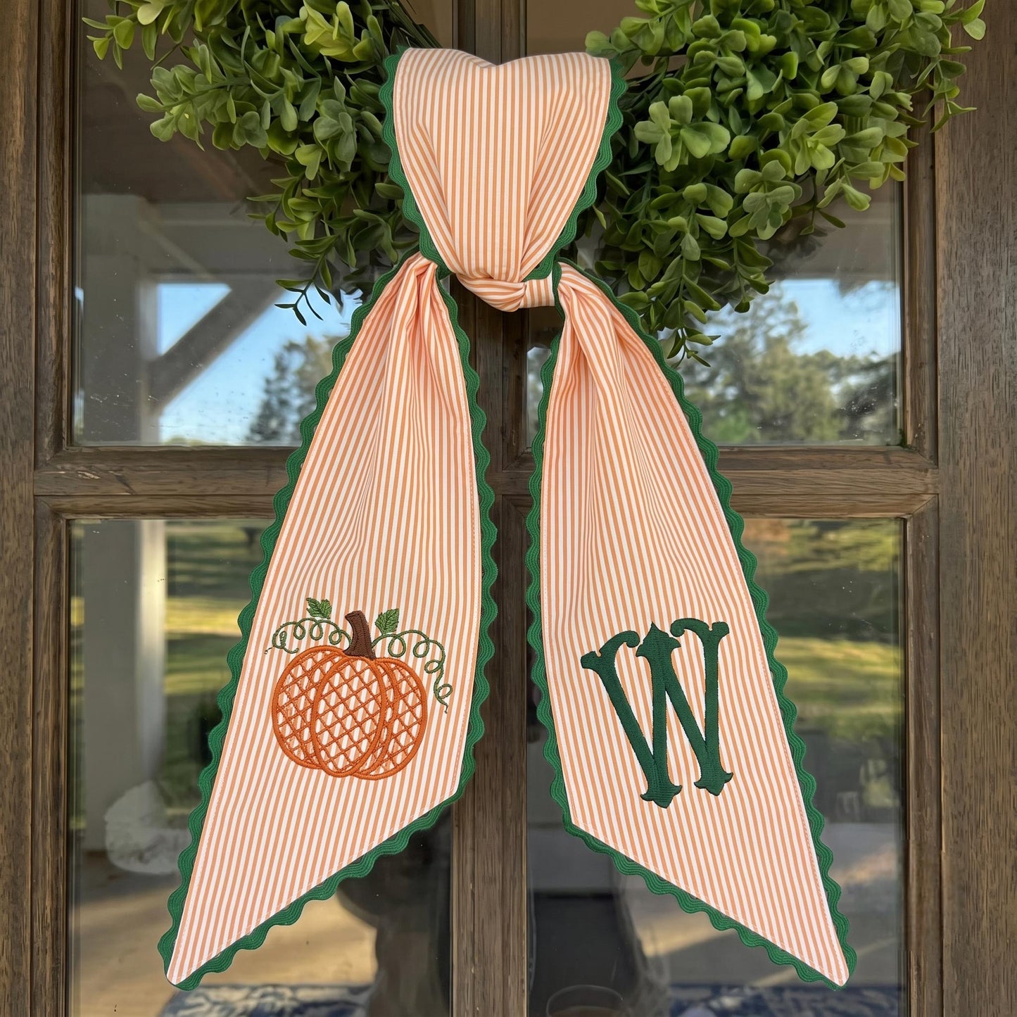 Embroidered Pumpkin Wreath Sash: Personalized Fall Door, Festive Halloween Autumn Porch Decor