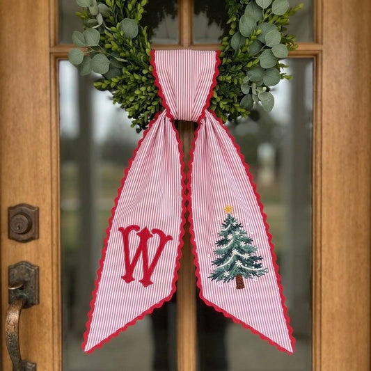 Custom Embroidered Christmas Wreath Sash, Personalized Monogram Holiday Decor, Farmhouse Style Banner