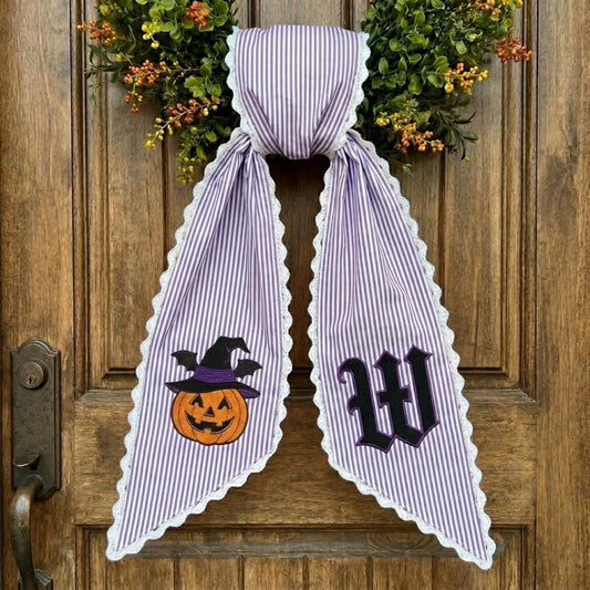 Personalized Halloween Wreath Sash with Monogram Initial, Embroidered Pumpkin Door Decor, Gothic Home Decor