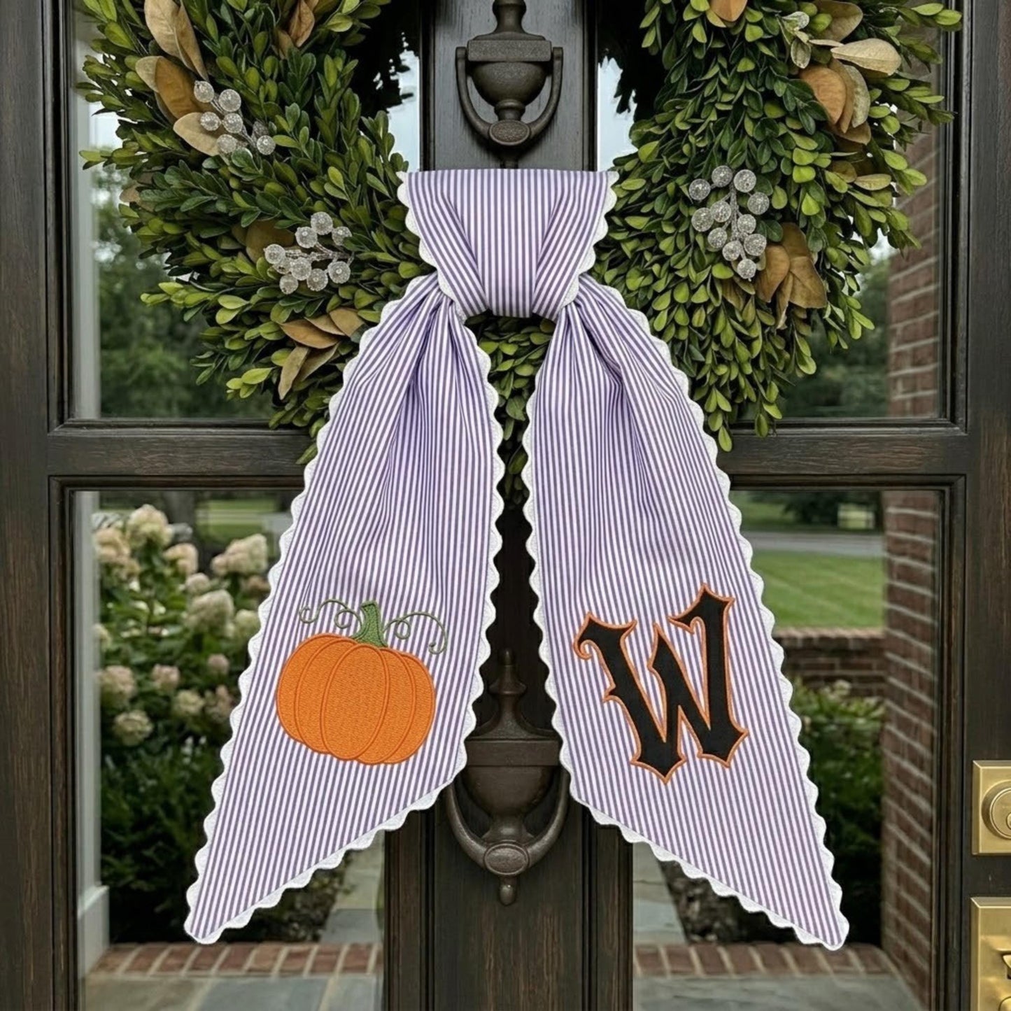Personalized Fall Wreath Sash, Custom Embroidered Monogram Pumpkin Seersucker Door Ribbon, Autumn Porch Decor