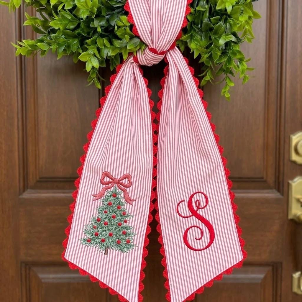Personalized Christmas Wreath Sash, Custom Monogram Front Door Bow, Embroidered Holiday Decor