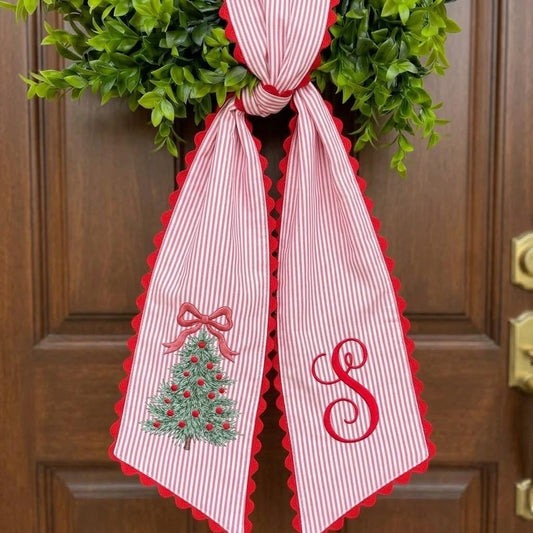 Personalized Christmas Wreath Sash, Custom Monogram Front Door Bow, Embroidered Holiday Decor
