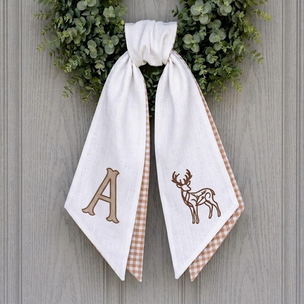Personalized Monogram Wreath Sash, Embroidered Deer Fall Door Decor, Gingham Plaid Bow
