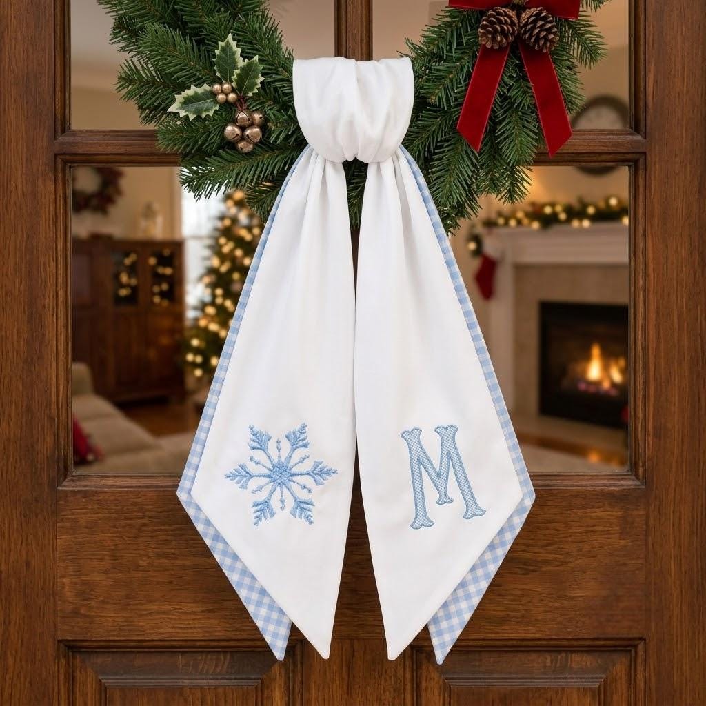 Personalized Snowflake Wreath Sash, Custom Monogram Front Door Bow, Embroidered Winter Holiday Decor, Gingham Plaid Christmas Hanger